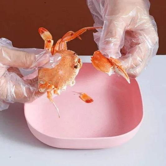Gloved hands handling crab over pink plastic plate, multi-function plate sunehri store