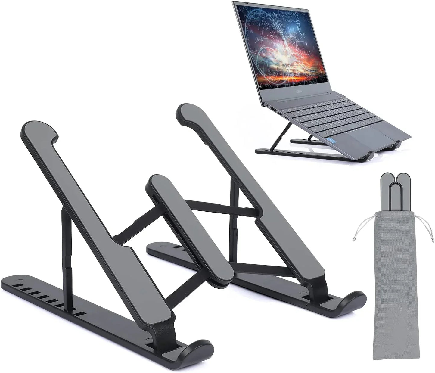 Sunehri Store adjustable portable laptop stand with gray travel pouch and laptop example