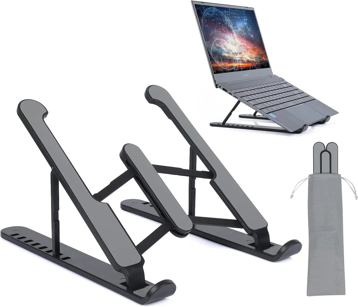 Sunehri Store adjustable portable laptop stand with gray travel pouch and laptop example