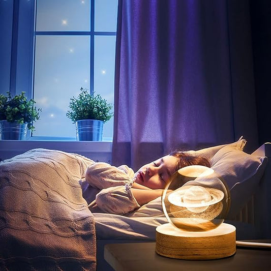3D Galaxy Space Crystal Ball Night Light with Wooden LED Stand | USB Decorative Table Lamp | Random Designs