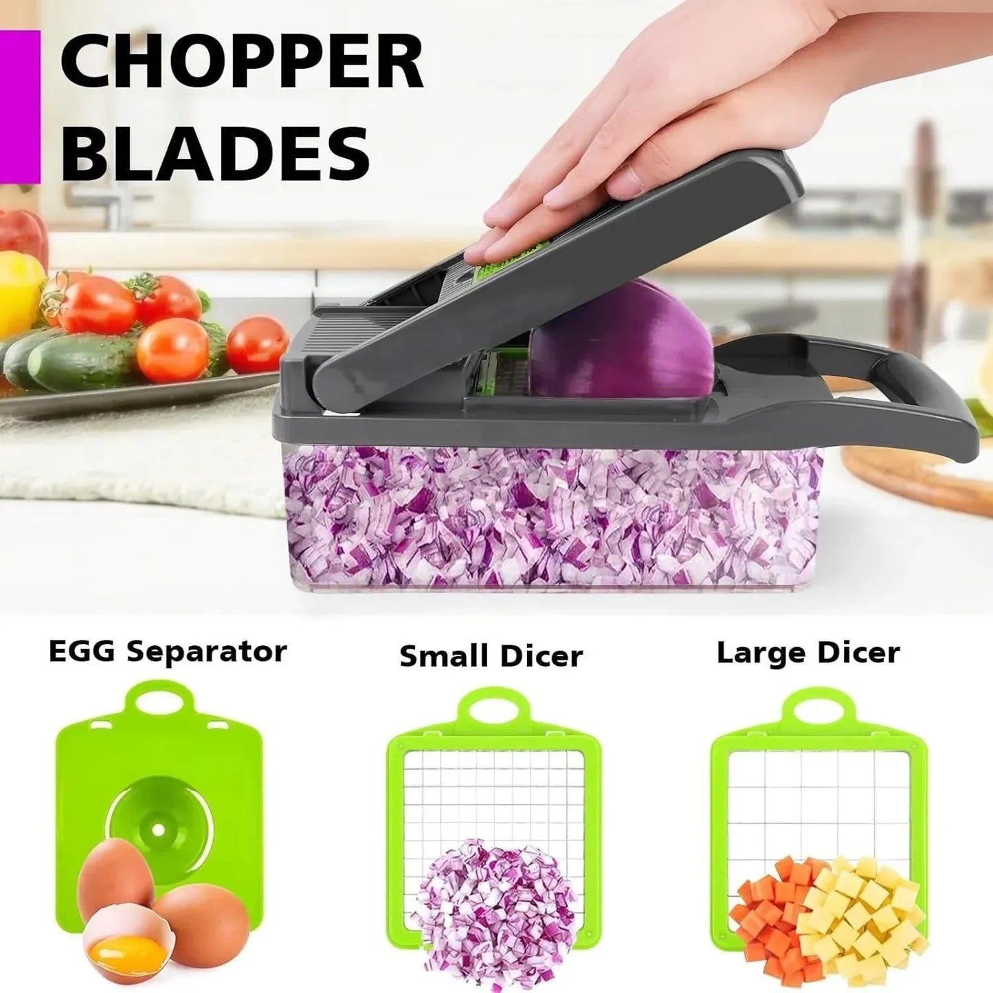 Kitchen chopper with interchangeable blades dicing red onion, including egg separator, small and large dicer blades