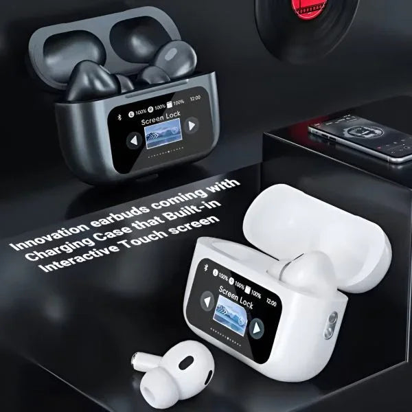Sunehri Store wireless earbuds with touch screen charging case, black and white models displayed.