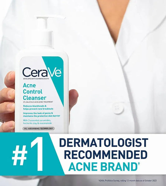 Hand holding CeraVe Acne Control Cleanser bottle with dermatologist recommended acne brand label