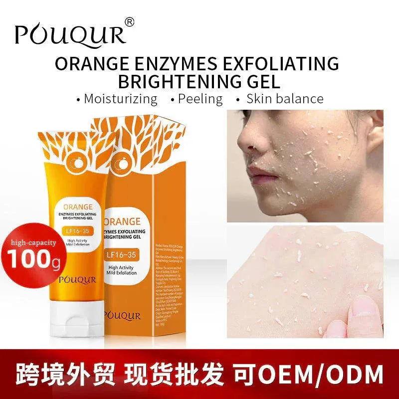 Pouqur Orange Enzymes Exfoliating Brightening Gel 100g tube with peeling skin close-up