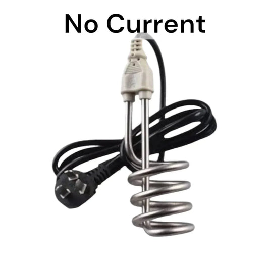 Electric immersion water heater with black power cord and plug, text 'No Current' above