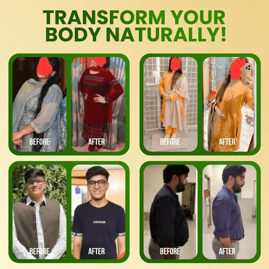 Before and after photos showing natural body transformation for men and women in traditional and casual outfits