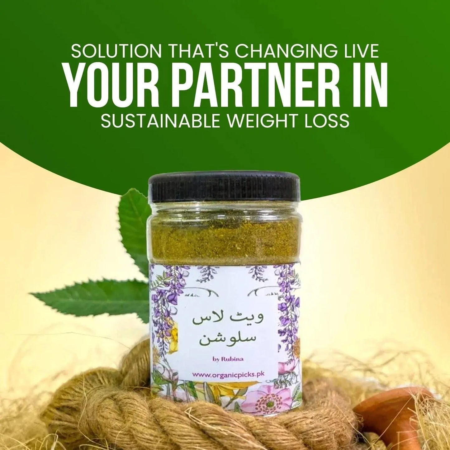Herbal weight loss solution by Rubina in a glass jar with floral label, green leaf backdrop