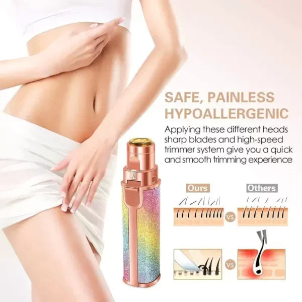 Sunehri Store rainbow 2-in-1 eyebrow trimmer and hair remover, shown with smooth skin results.