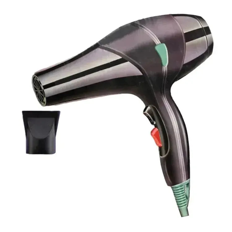 black professional hair dryer with green and red buttons and concentrator nozzle attachment