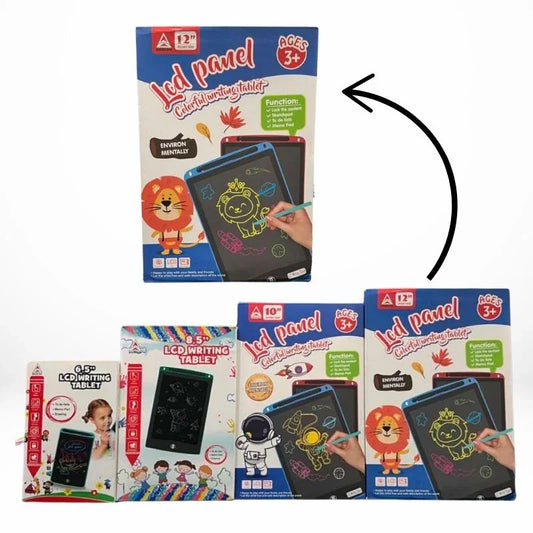 Sunehri Store colorful LCD writing tablets for kids, assorted sizes and designs, display packaging