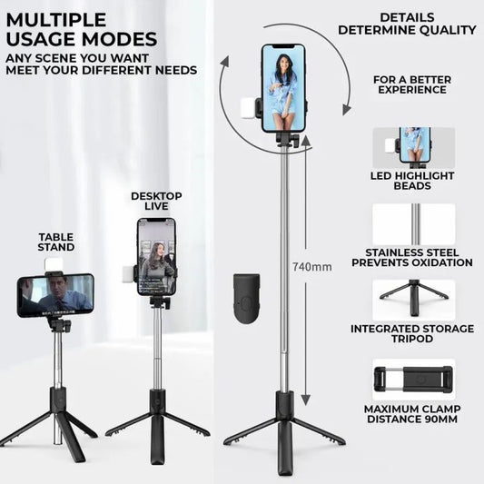 R1s Bluetooth Selfie Stick with Remote & LED Light – 3-in-1 Tripod Stand