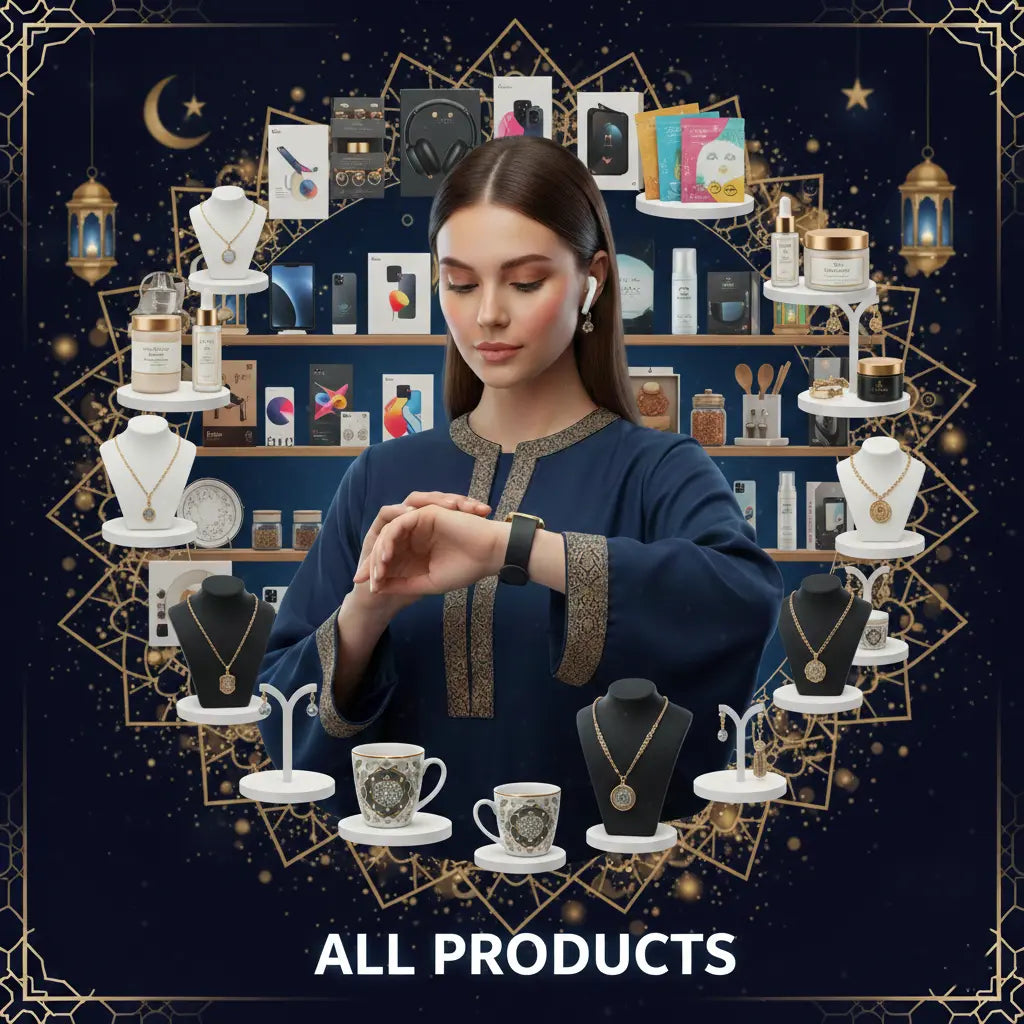 Flat lay of diverse consumer products including tech gadgets, fashion, beauty tools, and home accessories