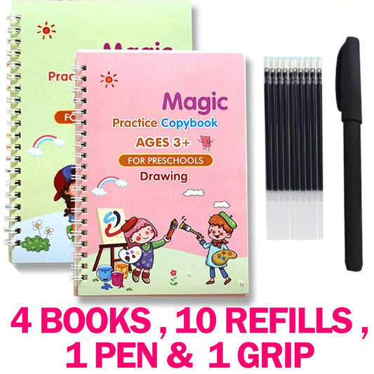sunehri store magic practice copybook set for kids with 4 books, 10 refills, pen and grip