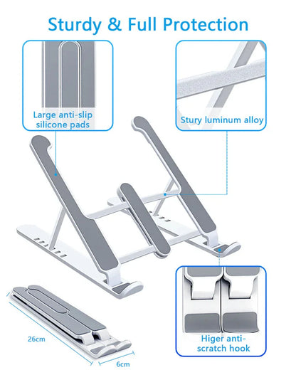 Sunehri store sturdy laptop stand with anti-slip silicone pads, scratch-resistant hooks, and aluminum alloy construction, foldable and adjustable design.