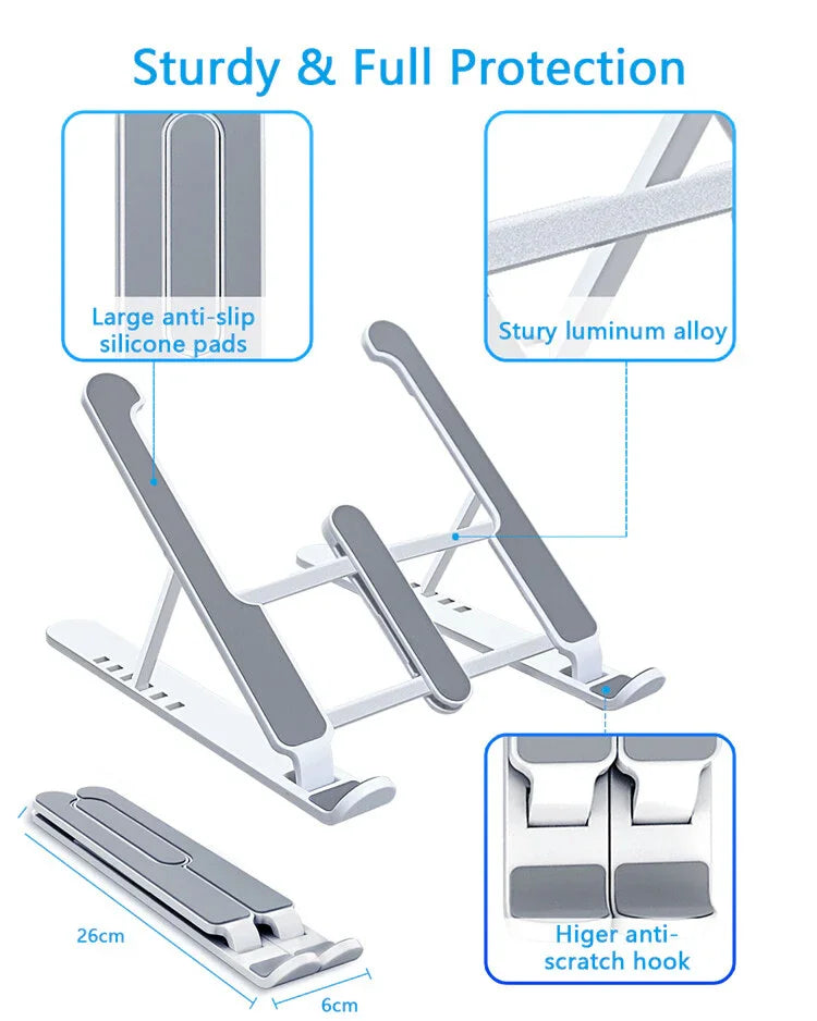 Sunehri store sturdy laptop stand with anti-slip silicone pads, scratch-resistant hooks, and aluminum alloy construction, foldable and adjustable design.