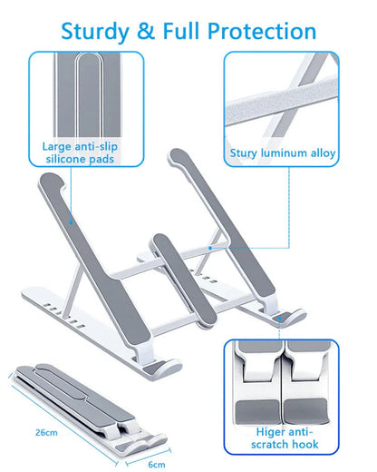 Sunehri store sturdy laptop stand with anti-slip silicone pads, scratch-resistant hooks, and aluminum alloy construction, foldable and adjustable design.