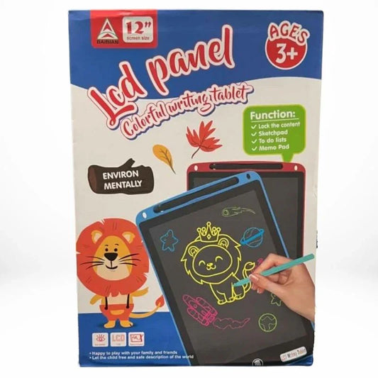 Sunehri Store 12-inch LCD colorful writing tablet for kids, showing lion drawing illustration.