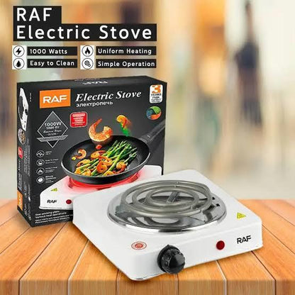White RAF R.8010B Electric Stove Hot Plate and Cooker with 1000W Power, Thermostat, and Uniform Heating