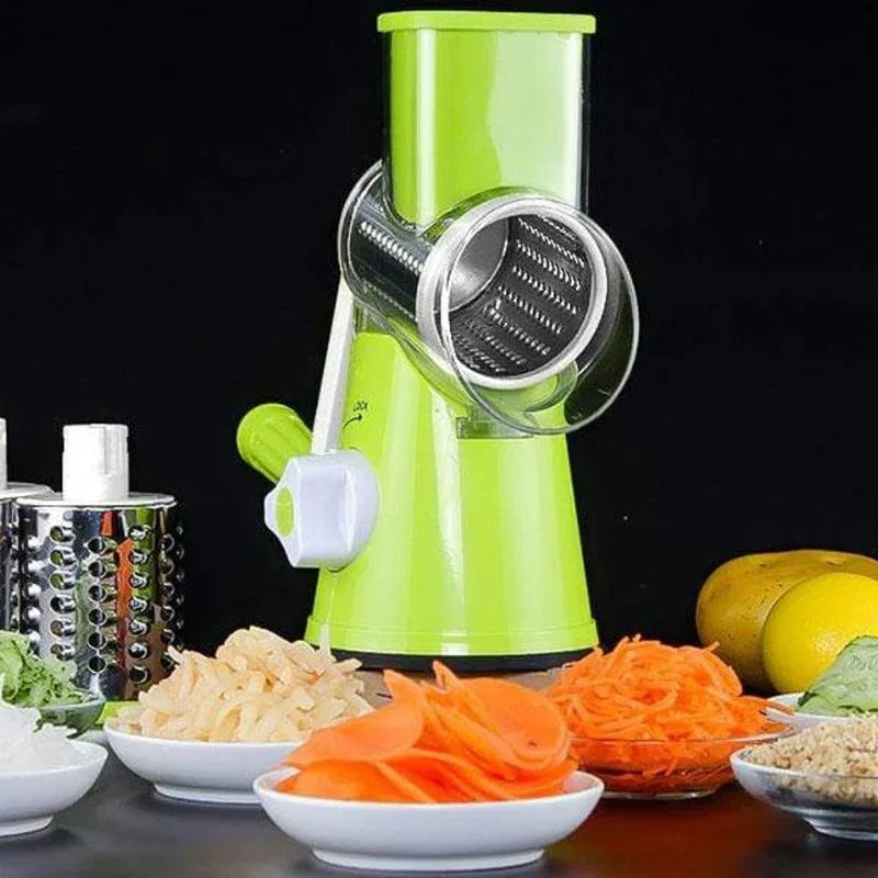 sunehri store green rotary vegetable slicer with sliced vegetables on plates