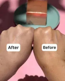 Comparison of skin tone on hands labeled After and Before using a skincare product with a soap bar in the background