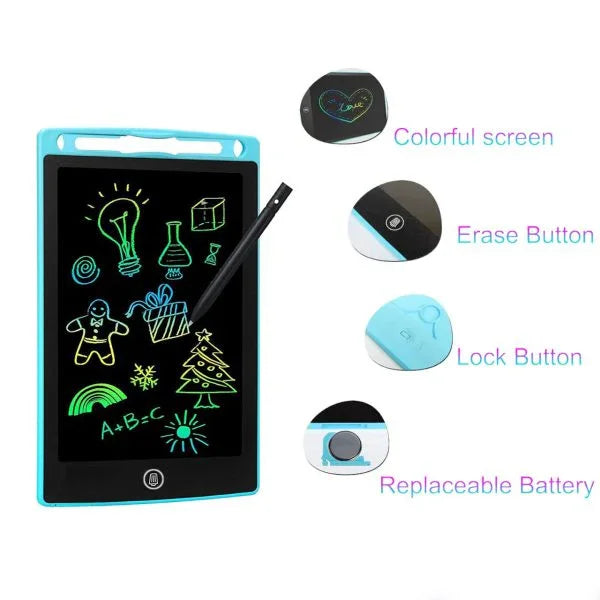 sunehri store LCD writing tablet with colorful screen, stylus, erase and lock buttons, replaceable battery
