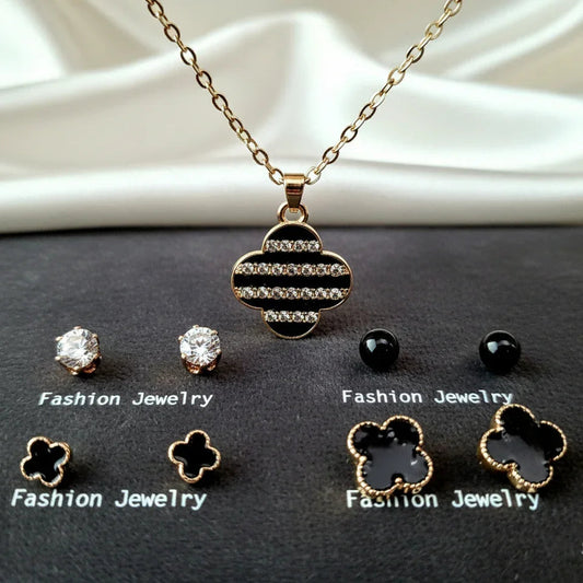 Luxury Black & Gold Clover Jewelry Set – Necklace & 4 Pairs of Earrings - SUNEHRI STORE