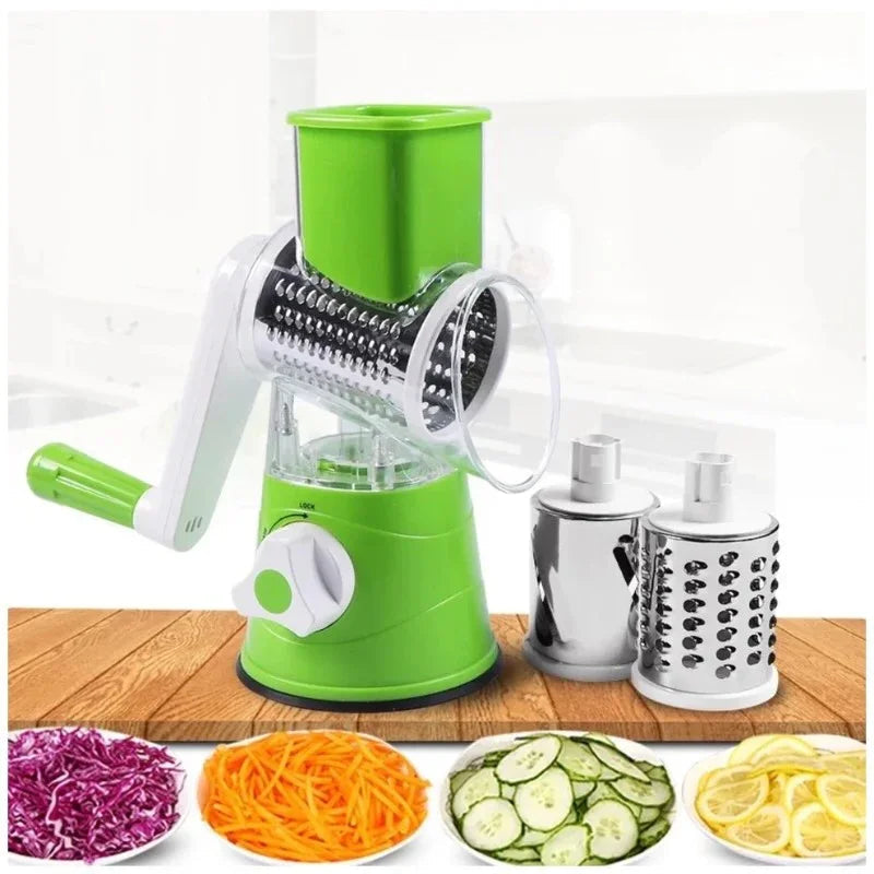 Sunehri Store green manual rotary vegetable grater with three stainless steel blades and sliced vegetables
