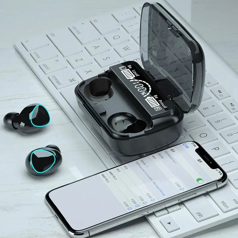 sunehri store wireless earbuds with digital charging case, smartphone, and keyboard on desk