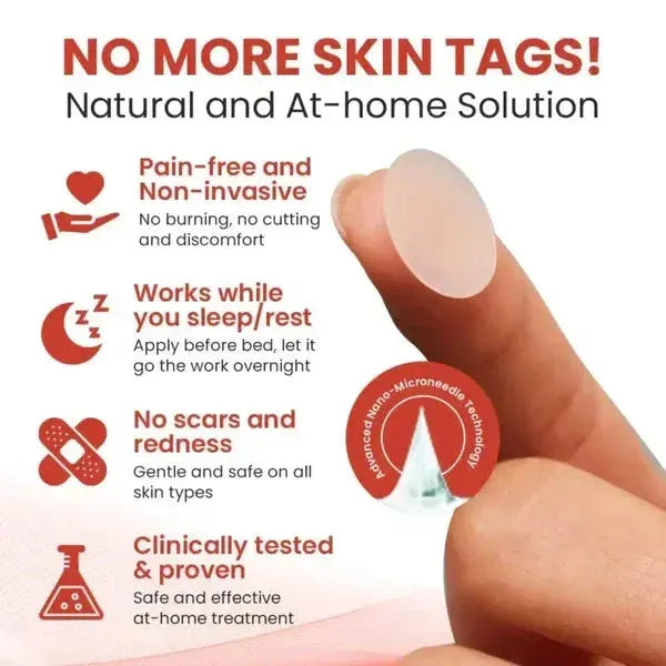 Finger holding a transparent skin tag removal patch with text describing pain-free, non-invasive, overnight use, no scars, and clinically tested