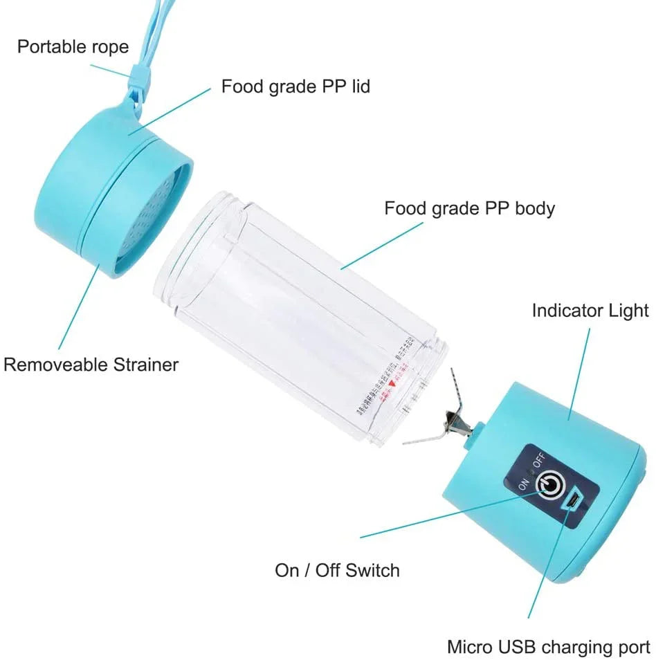 Sunehri Store portable blender with labeled parts, blue lid, USB charging, removable strainer.