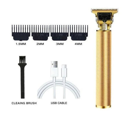sunehri store gold hair trimmer kit with four guide combs, cleaning brush, and USB cable