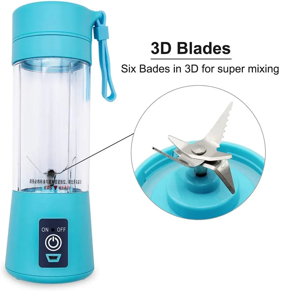 Sunehri store portable blue blender with 3D stainless steel blades and on/off button