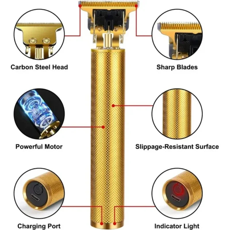 Sunehri Store gold electric hair trimmer with carbon steel head, textured grip, and charging port