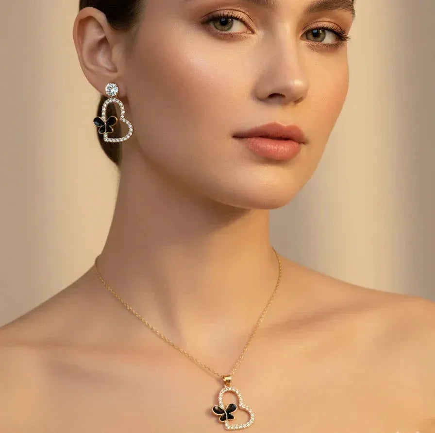 Butterfly Heart Necklace Set – Dazzling Gold & Black Jewelry - SUNEHRI STORE