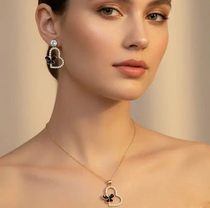 Butterfly Heart Necklace Set – Dazzling Gold & Black Jewelry - SUNEHRI STORE
