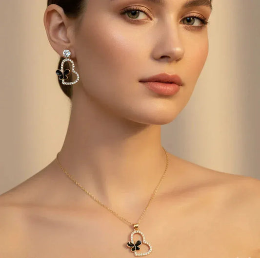 Butterfly Heart Necklace Set – Dazzling Gold & Black Jewelry - SUNEHRI STORE