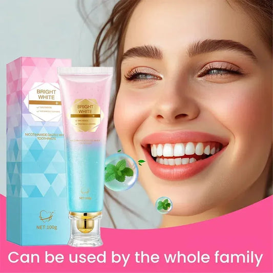 Bright White toothpaste with nicotinamide and mint, smiling woman with white teeth, family use dental care