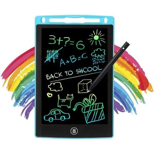 Sunehri Store colorful LCD writing tablet with stylus, math doodles, and rainbow background