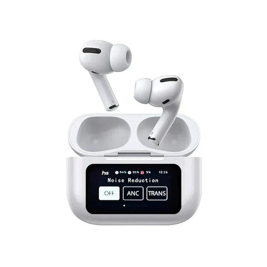 Sunehri Store wireless earbuds with ANC, touch screen charging case, and Type-C port.