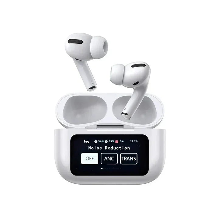 Sunehri Store wireless earbuds with ANC, touch screen charging case, and Type-C port.