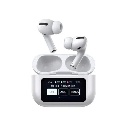 Sunehri Store wireless earbuds with ANC, touch screen charging case, and Type-C port.