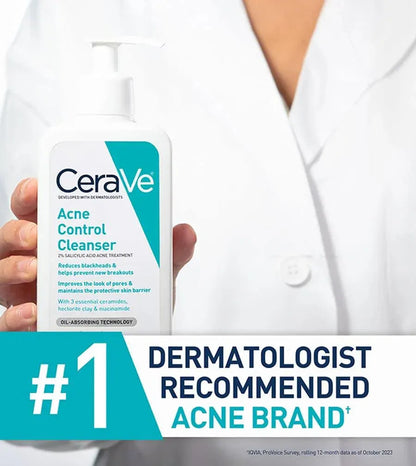 Hand holding CeraVe Acne Control Cleanser bottle with dermatologist recommended acne brand label