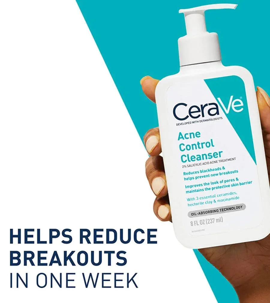 Hand holding CeraVe Acne Control Cleanser bottle with text helps reduce breakouts in one week