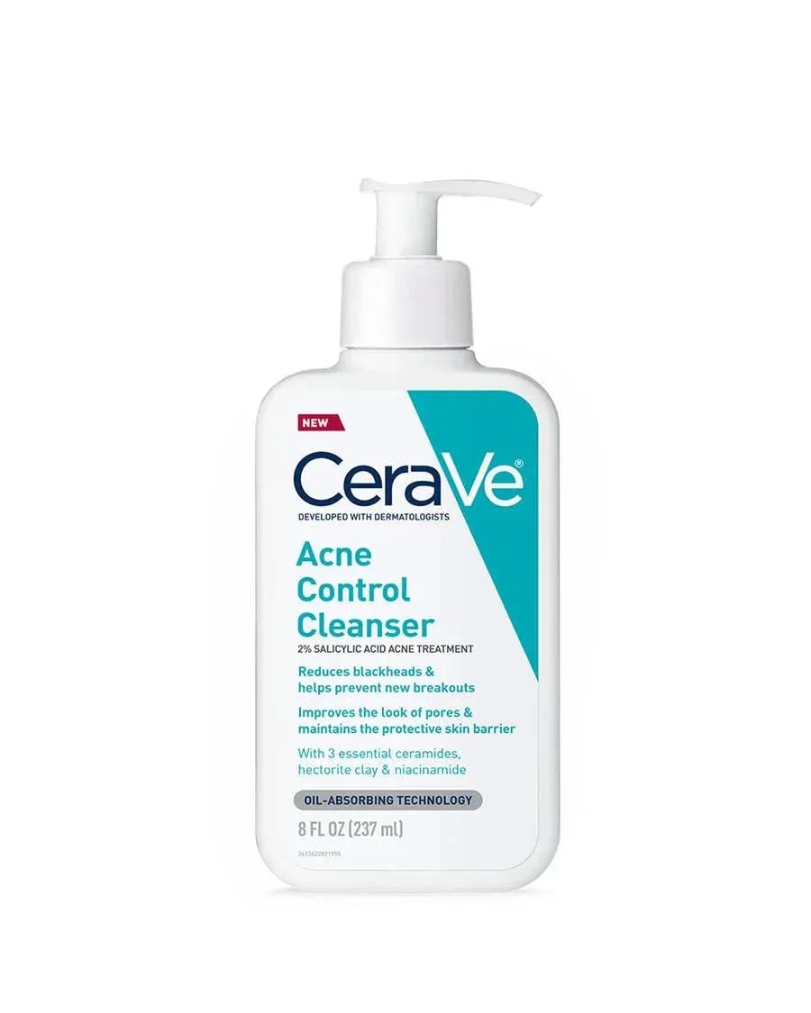 CeraVe Acne Control Cleanser bottle with 2% salicylic acid for blackheads, breakouts, pores, and skin barrier