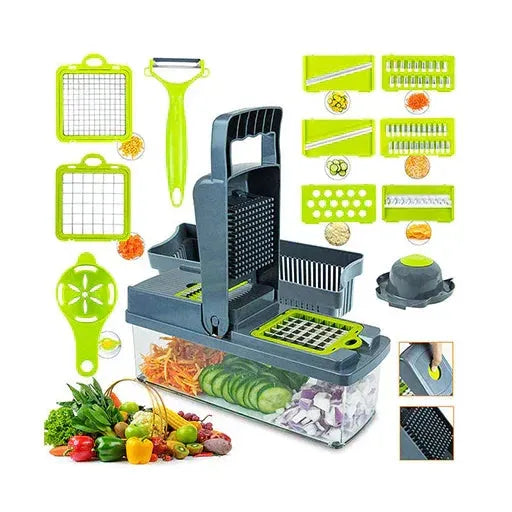 Multi-functional vegetable slicer and cutter set with interchangeable blades and peeler tool