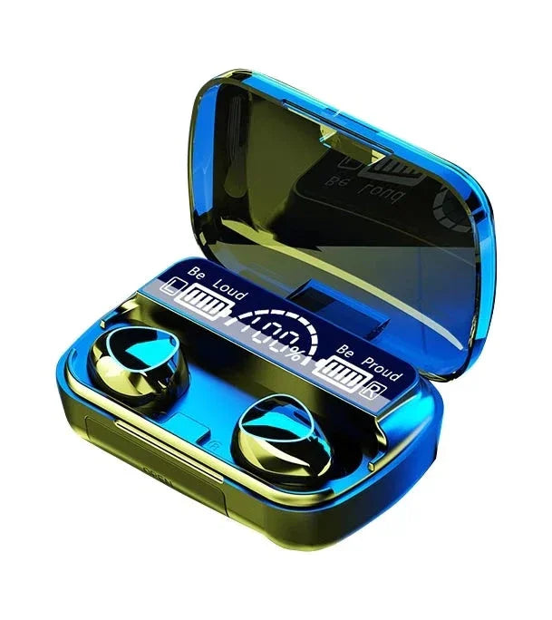 Sunehri Store wireless Bluetooth earbuds in charging case, digital display, blue lighting