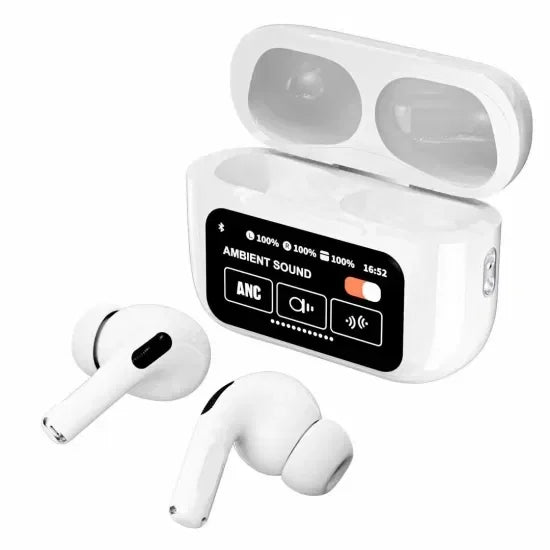 White wireless earbuds with digital charging case display, sunehri store product