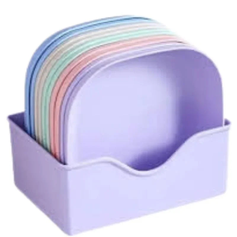 Sunehri store pastel plastic plates set organized in a lavender holder