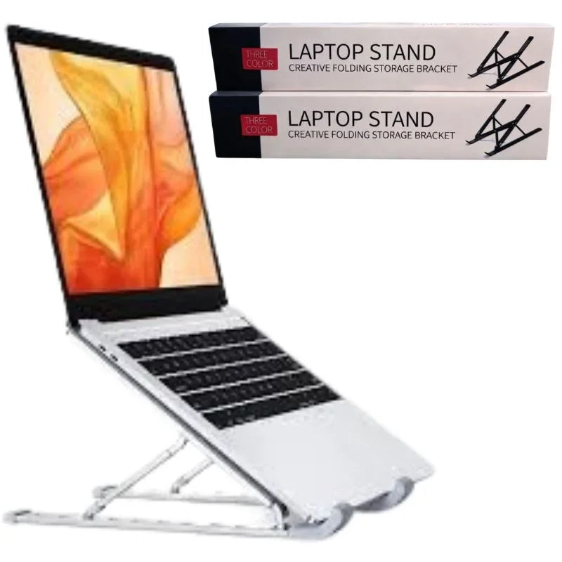 Aluminum laptop stand supporting a laptop, packaging labeled 'Laptop Stand' by Sunehri Store