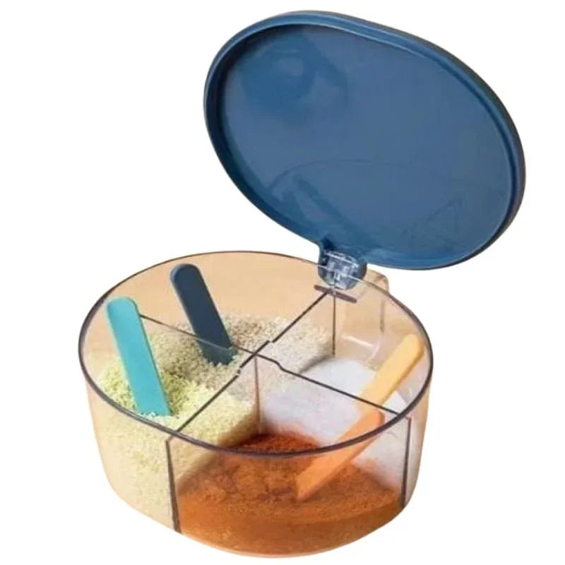 sunehri store four-compartment spice container with scoops and blue lid